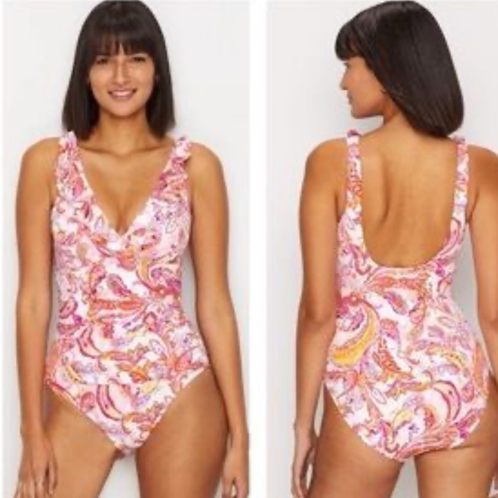 Ralph Lauren Pink Paisley Ruffle V-Neck One-Piece Swimsuit with Orange Accents